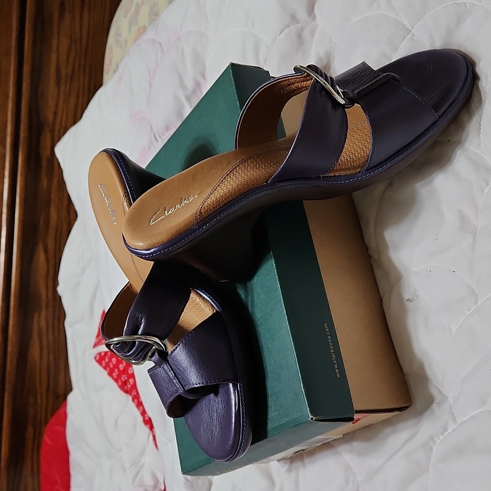 Clarks imelda plum open toe shoe.